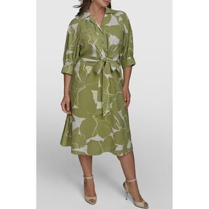 Donna Karan New York Green Floral Tie Front Shirt Dress 22W Plus Size New